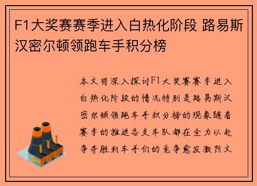 F1大奖赛赛季进入白热化阶段 路易斯汉密尔顿领跑车手积分榜