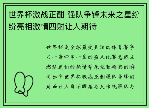 世界杯激战正酣 强队争锋未来之星纷纷亮相激情四射让人期待