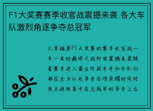 F1大奖赛赛季收官战震撼来袭 各大车队激烈角逐争夺总冠军