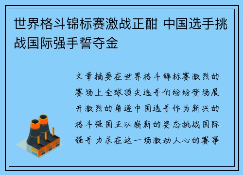 世界格斗锦标赛激战正酣 中国选手挑战国际强手誓夺金