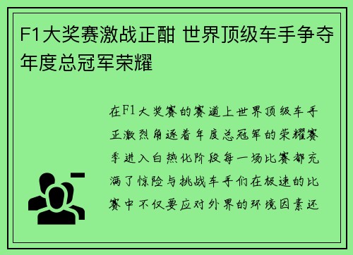 F1大奖赛激战正酣 世界顶级车手争夺年度总冠军荣耀