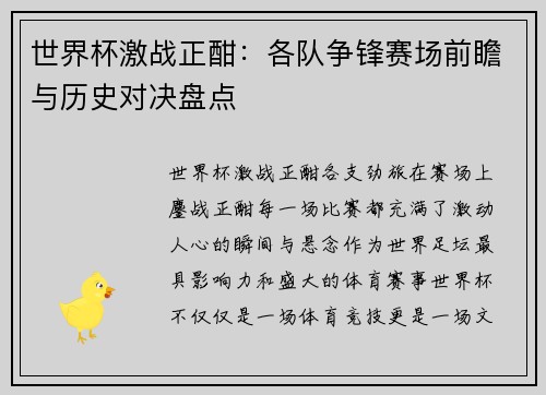 世界杯激战正酣：各队争锋赛场前瞻与历史对决盘点
