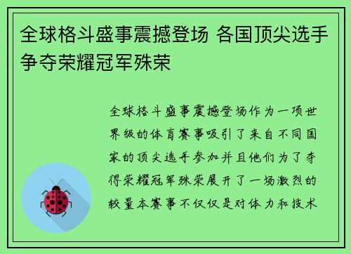 全球格斗盛事震撼登场 各国顶尖选手争夺荣耀冠军殊荣